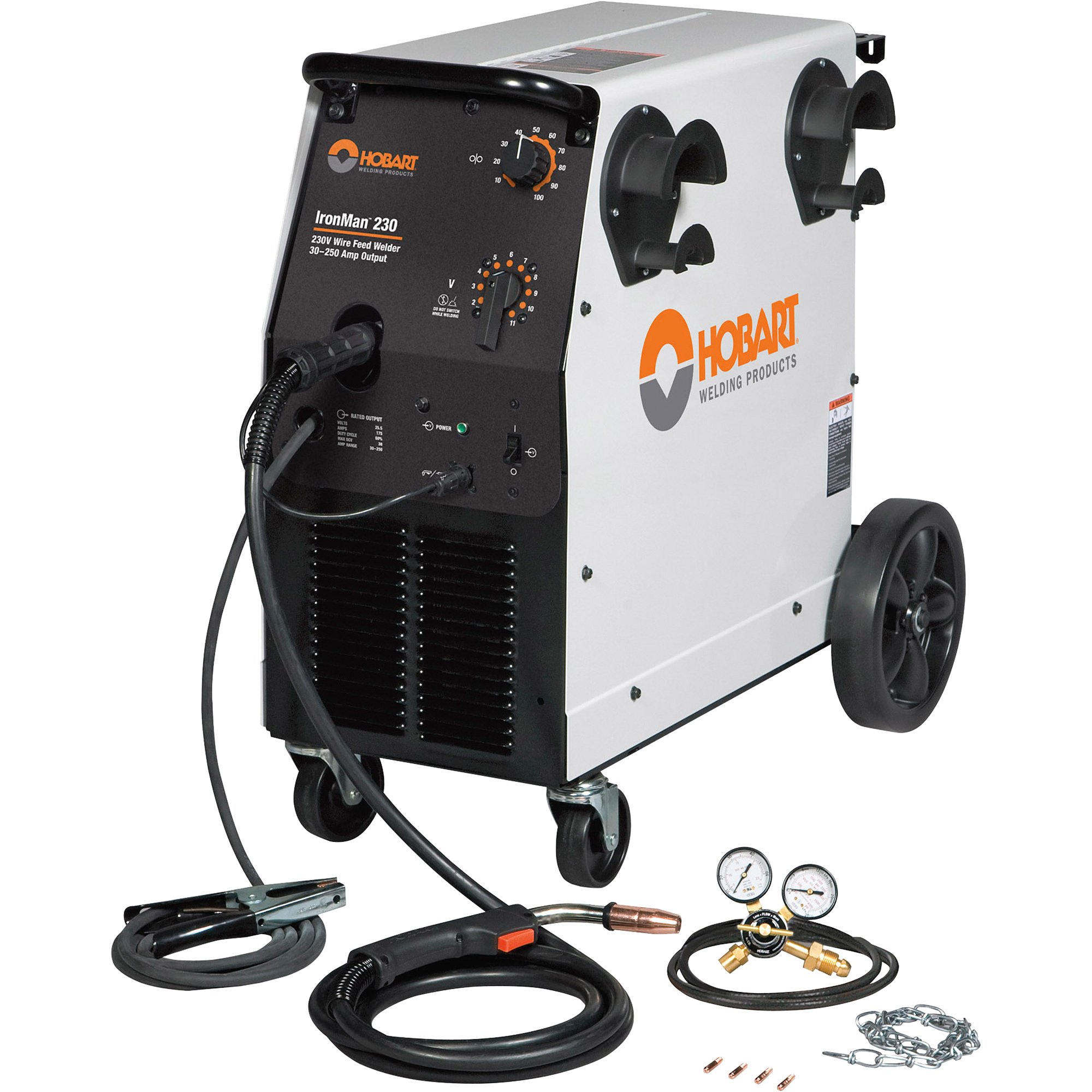 Hobart IronMan 230 Flux-Cored/MIG Welder with Cart — Transformer, 230V, 30–250 Amp Output, Model# 500536